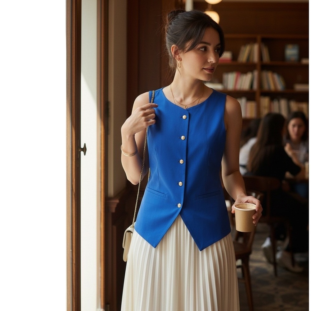 Womens Royal Blue Tailored Vest Gold Crest Button Adjustable Back Cinch S #323J